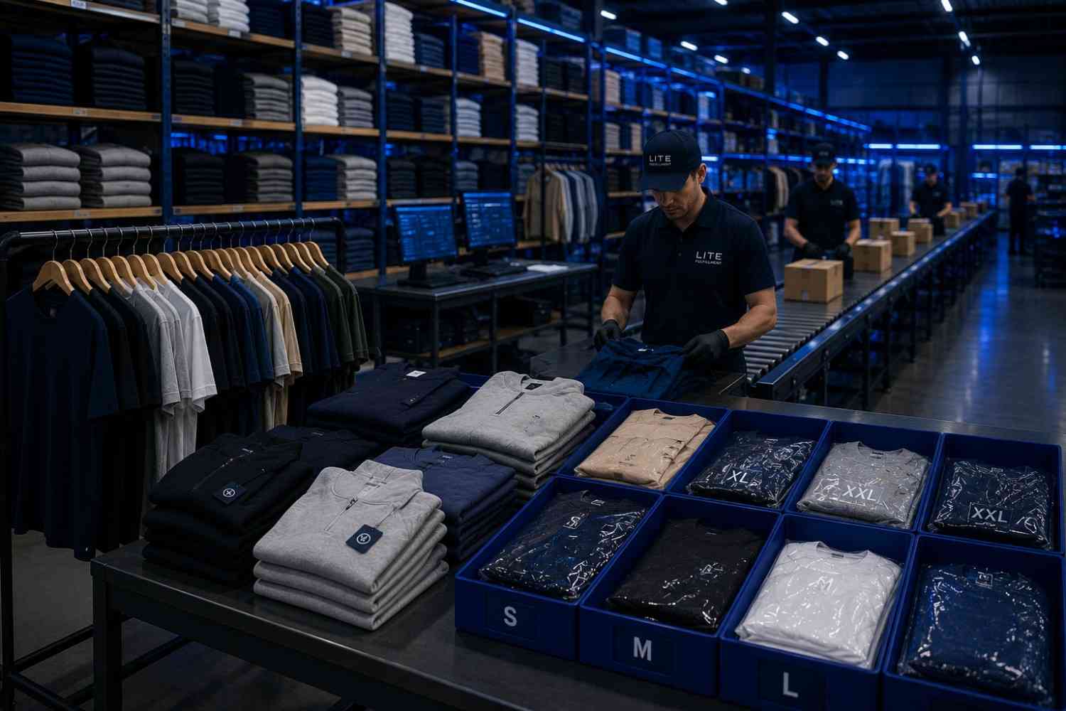 Folded and hung apparel inventory tracked by size and colorway at a LiteFulfillment warehouse