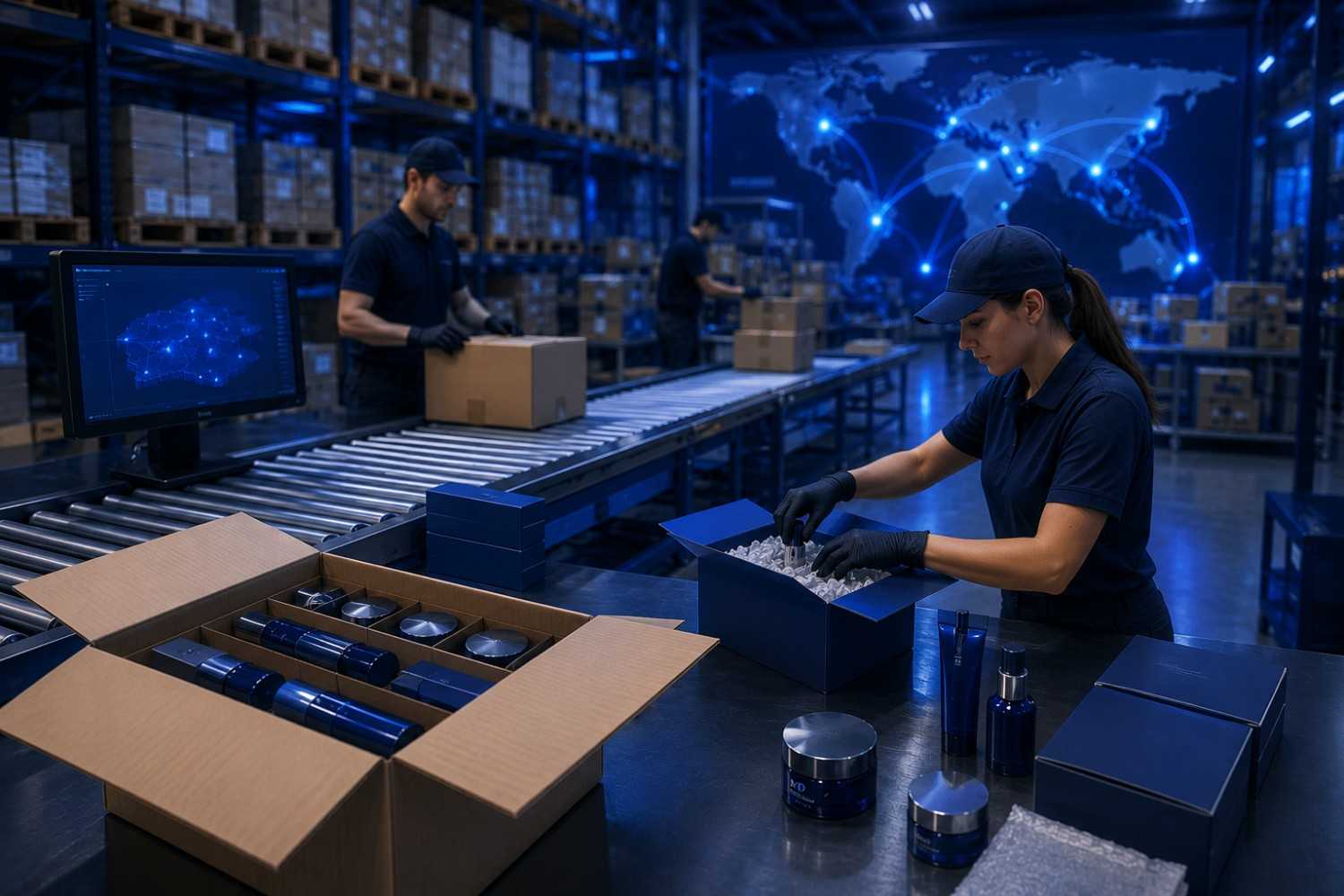 Beauty products being lot-labeled and packed for cosmetics and beauty fulfillment at a Delaware warehouse