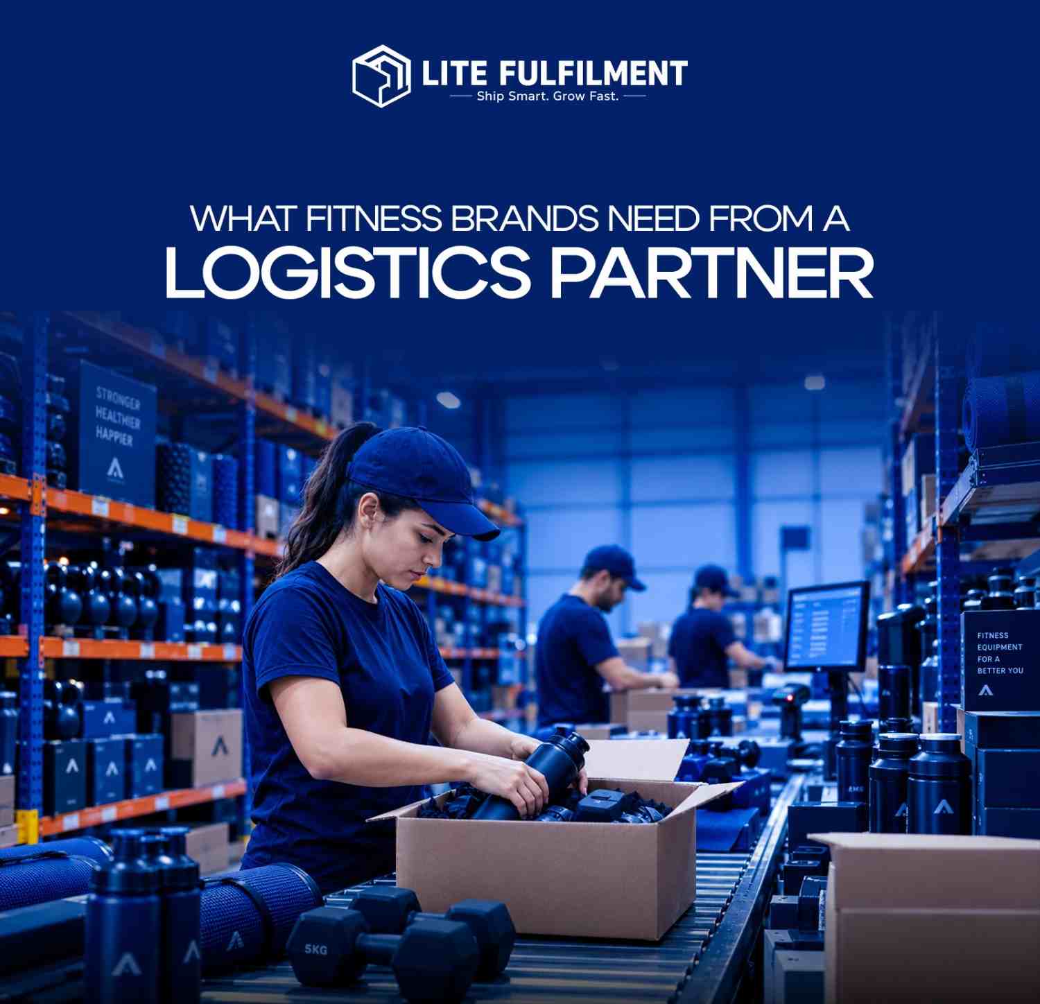 Fitness equipment, supplements, and apparel being picked and packed together in a Delaware fulfillment warehouse