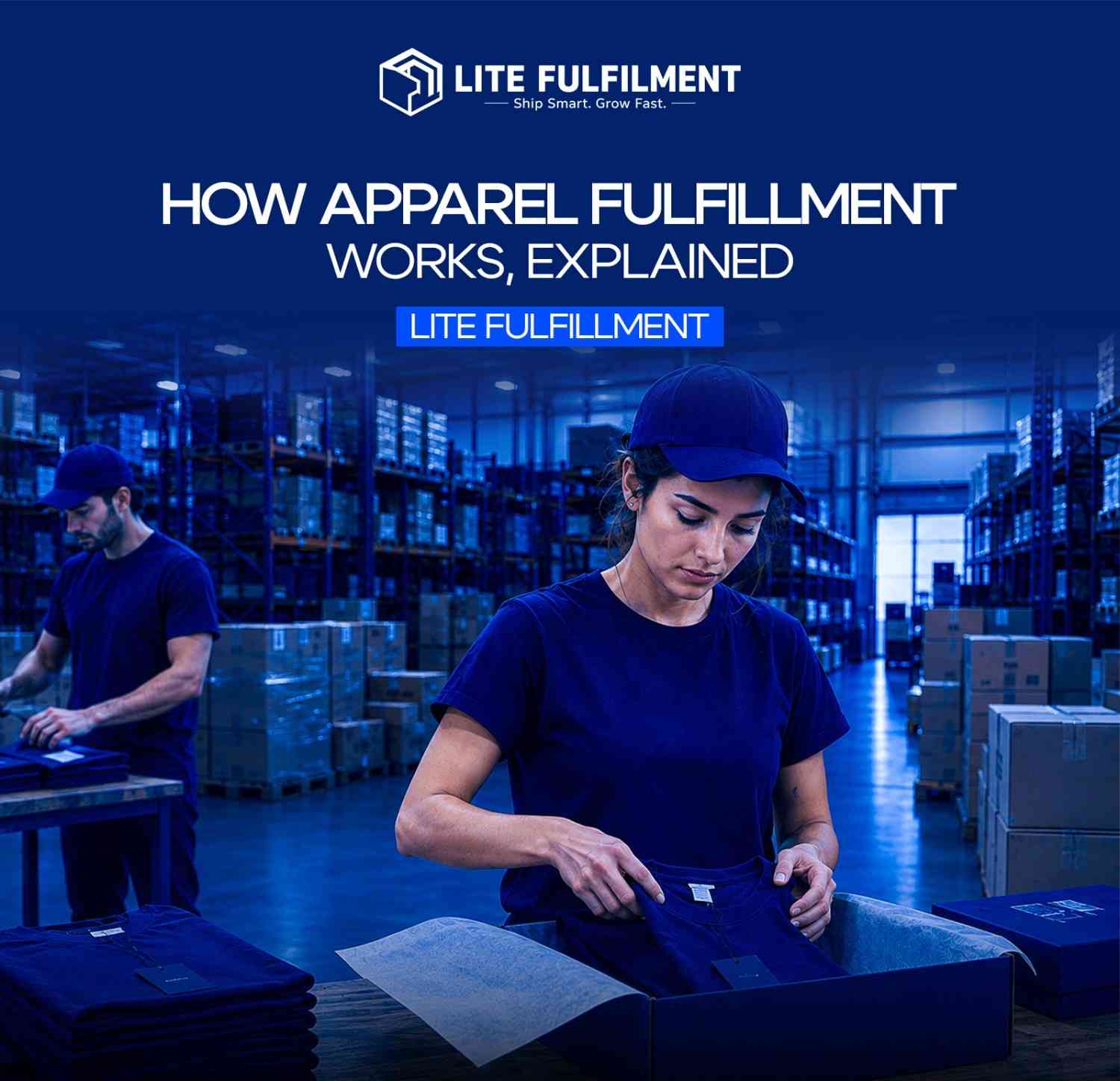 Folded clothing organized by size and color in an apparel fulfillment warehouse