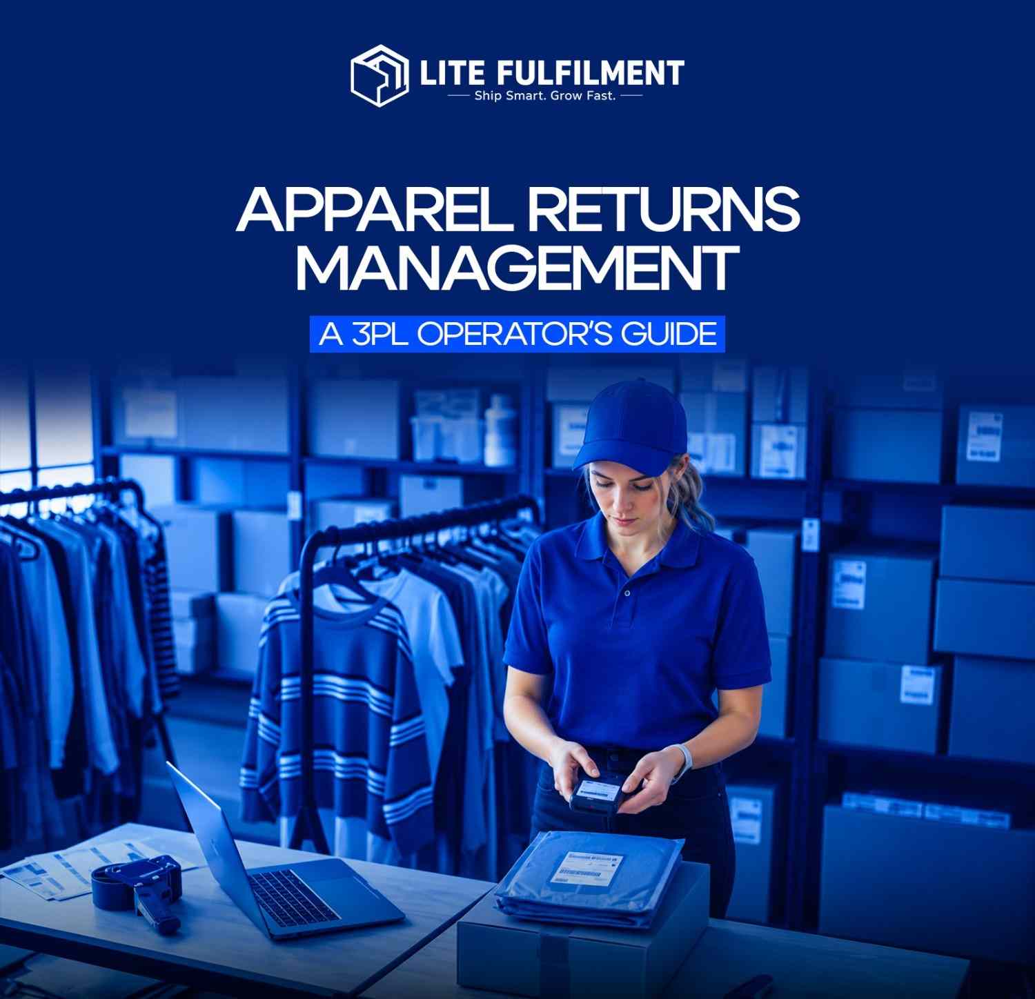 Warehouse operator inspecting a returned garment at a dedicated apparel returns dock