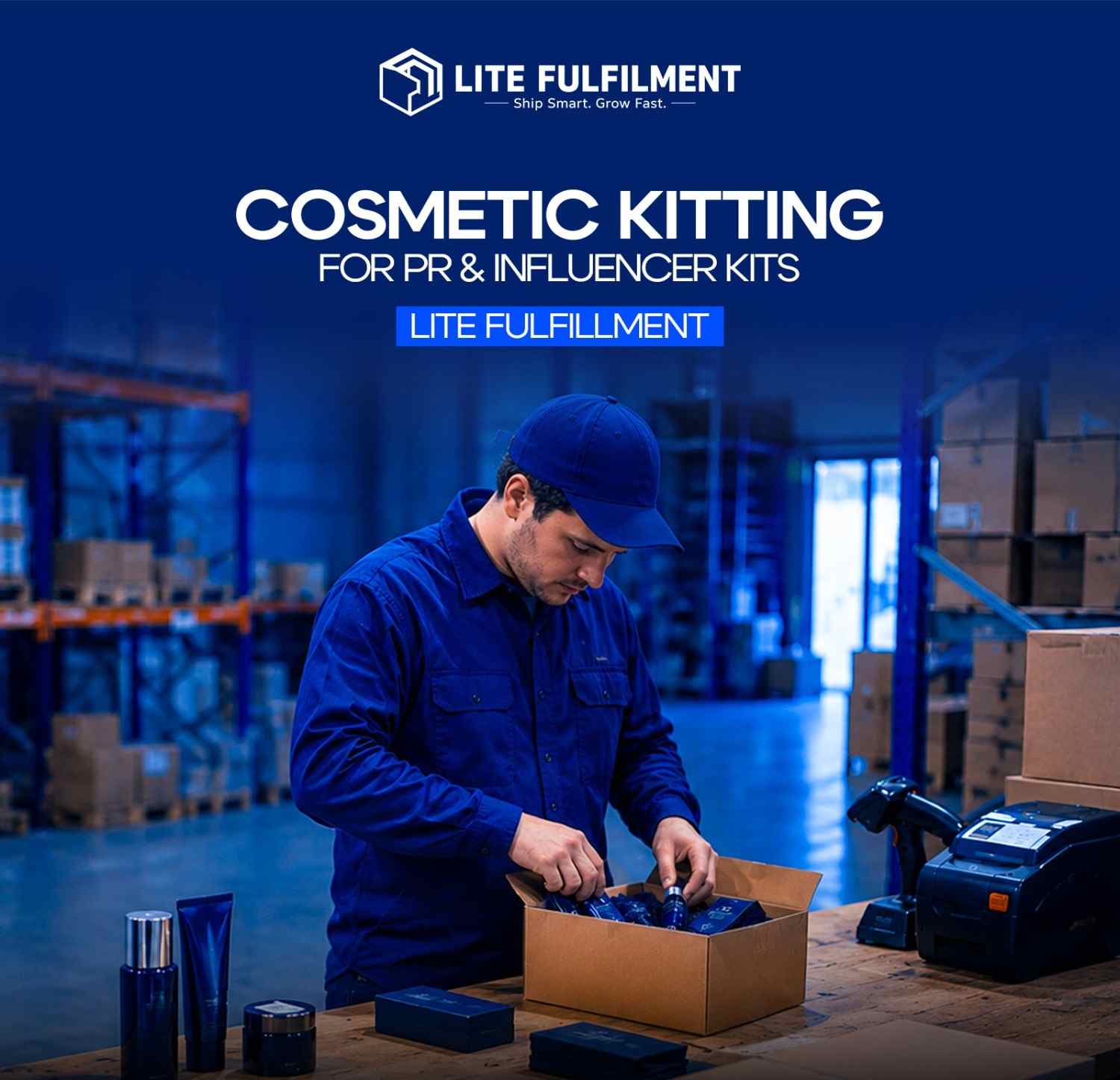 Beauty PR kit being assembled on a packing bench with branded box, tissue, and named note