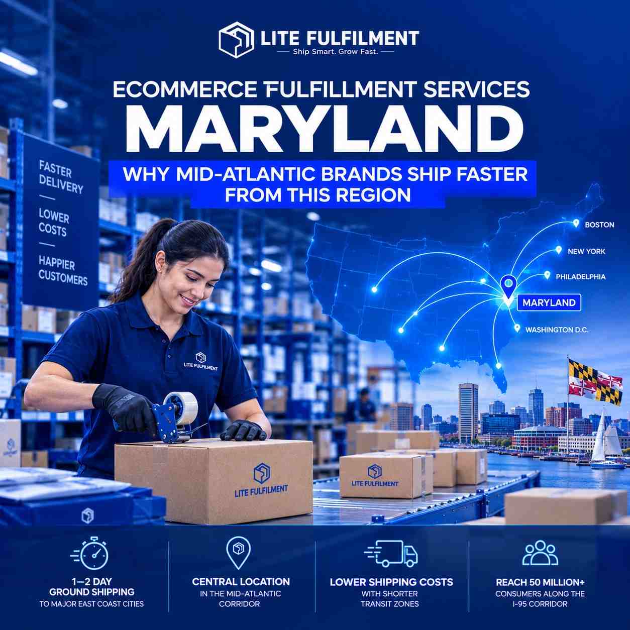 Fulfillment warehouse in the mid-Atlantic corridor packing ecommerce orders for shipping along the I-95 corridor