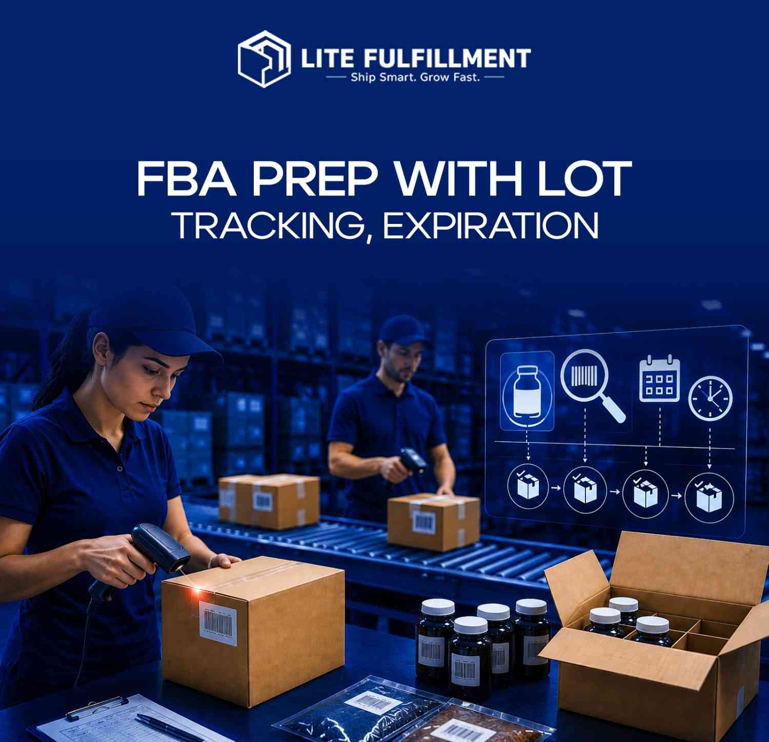 Warehouse worker recording lot numbers and expiration dates during FBA prep with lot tracking