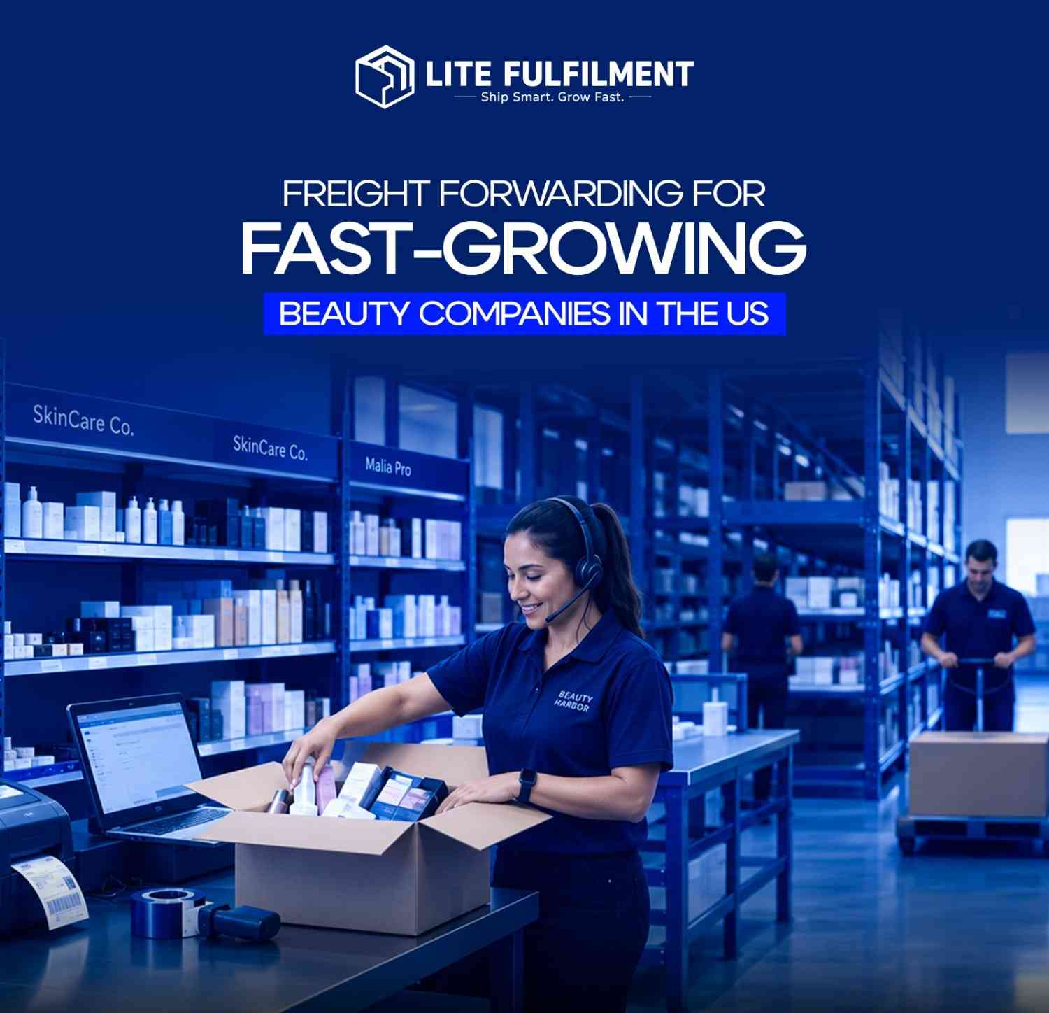Beauty and skincare products in cartons being received and inspected at a US fulfillment warehouse after international freight