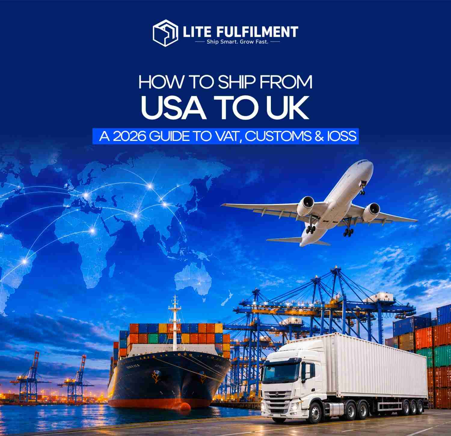 Cargo parcel labelled for UK delivery being scanned in a Delaware warehouse for shipping from USA to UK