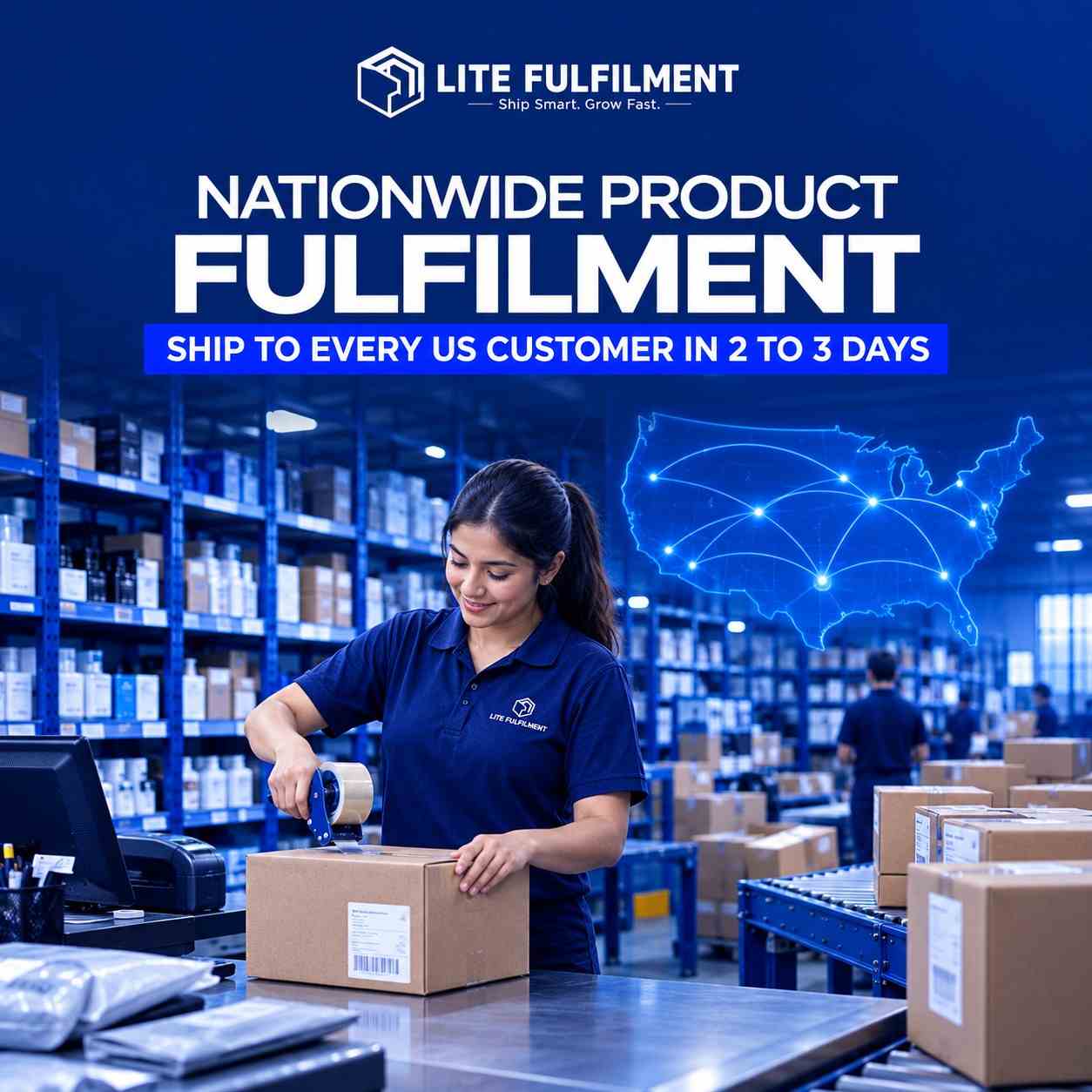Fulfillment warehouse in Delaware packing and shipping ecommerce orders to customers across the United States