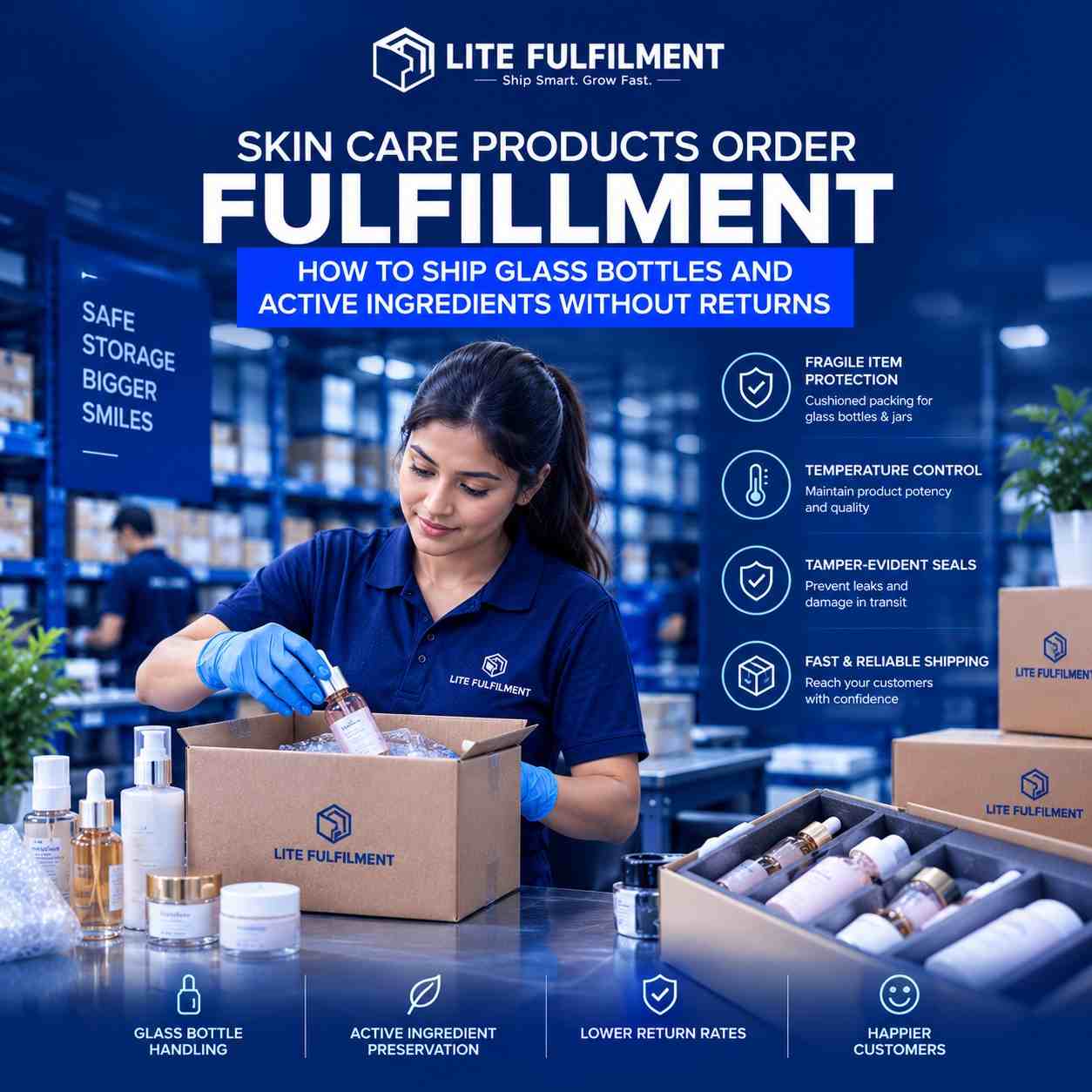 Skincare serum bottles and glass jars packed with protective inserts for shipping in a climate-controlled fulfillment warehouse
