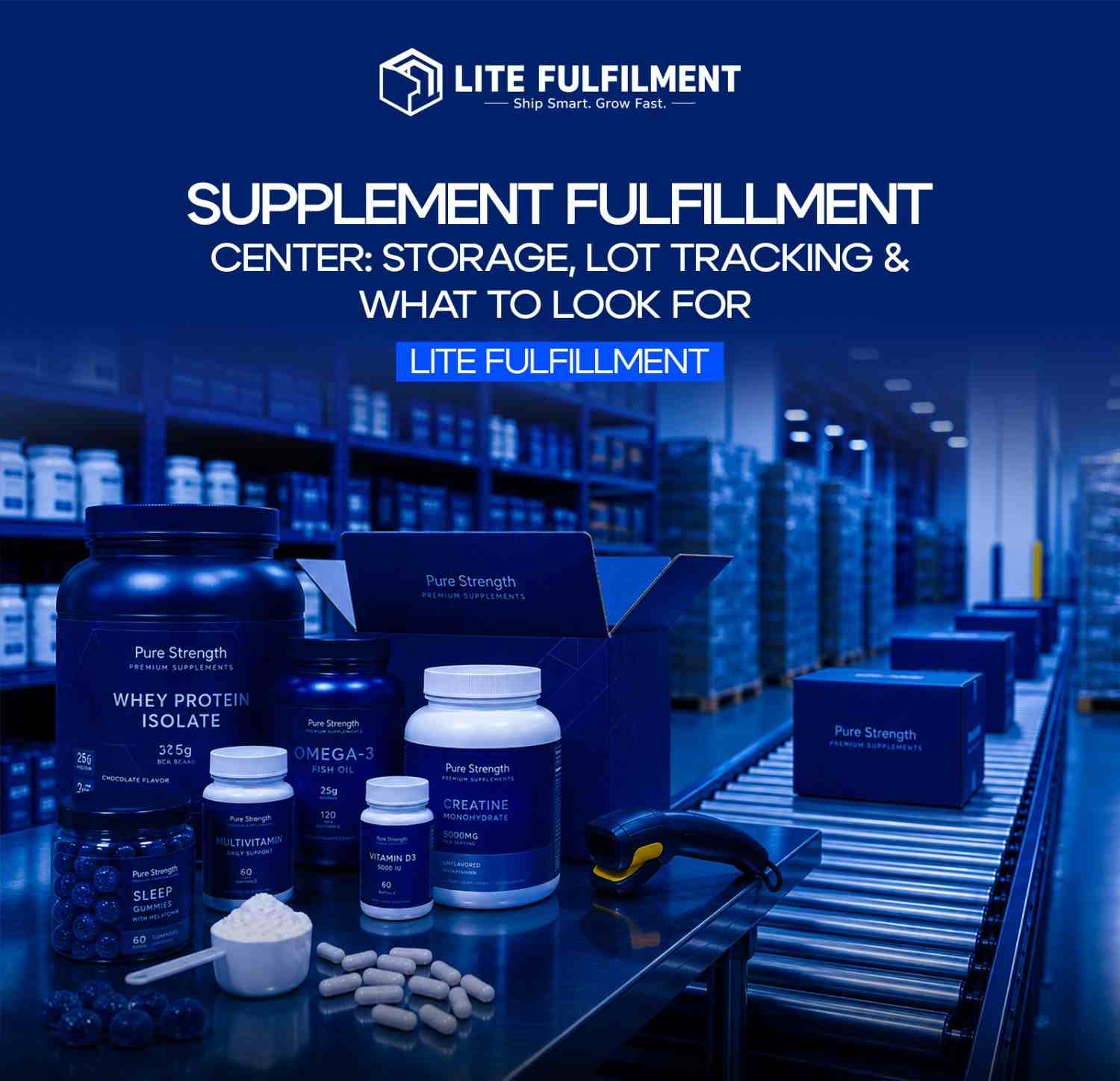 Supplement bottles on labeled warehouse racks with lot and expiry tags