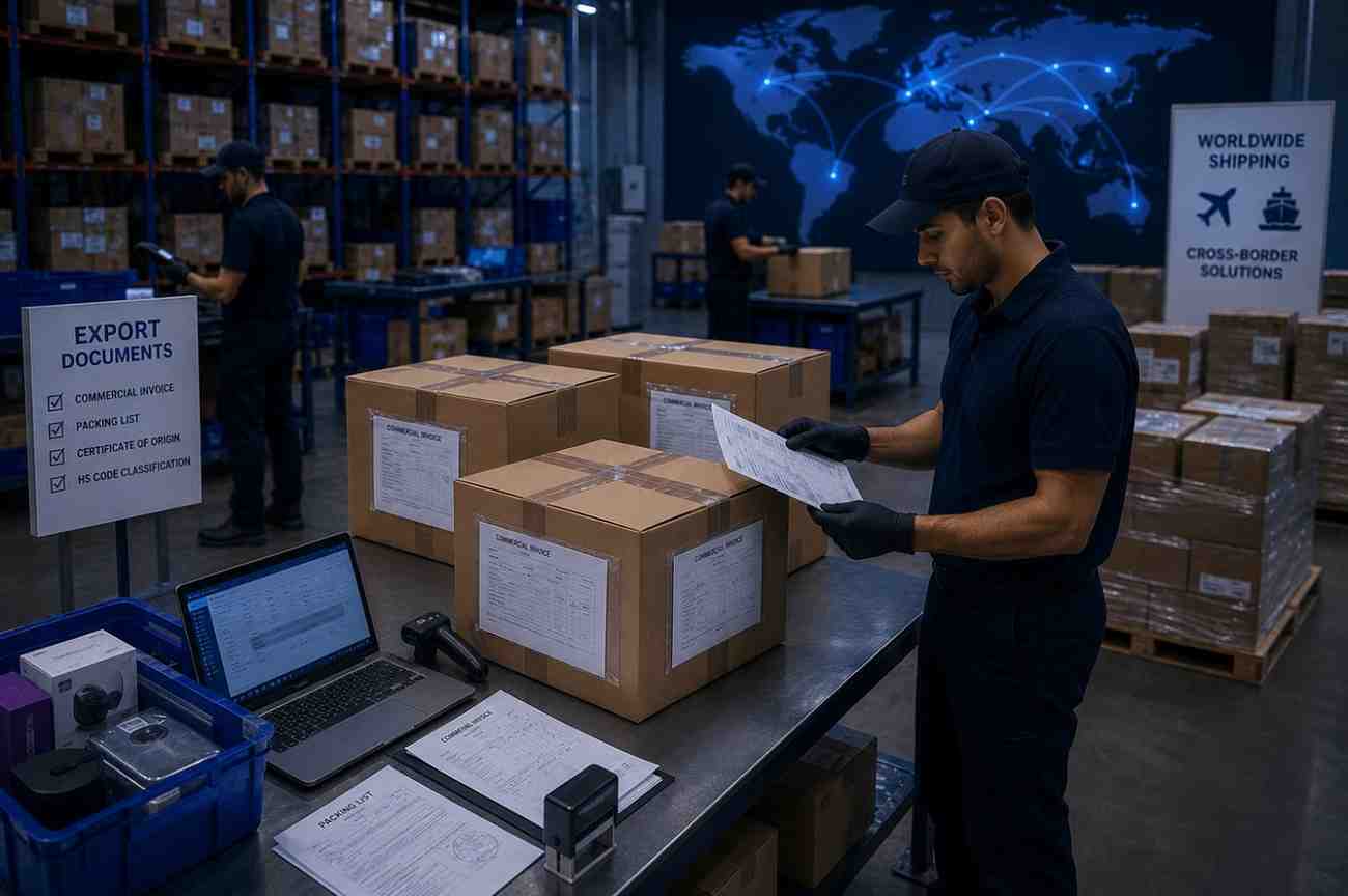Export cartons prepared with customs documentation for cross-border general merchandise shipping