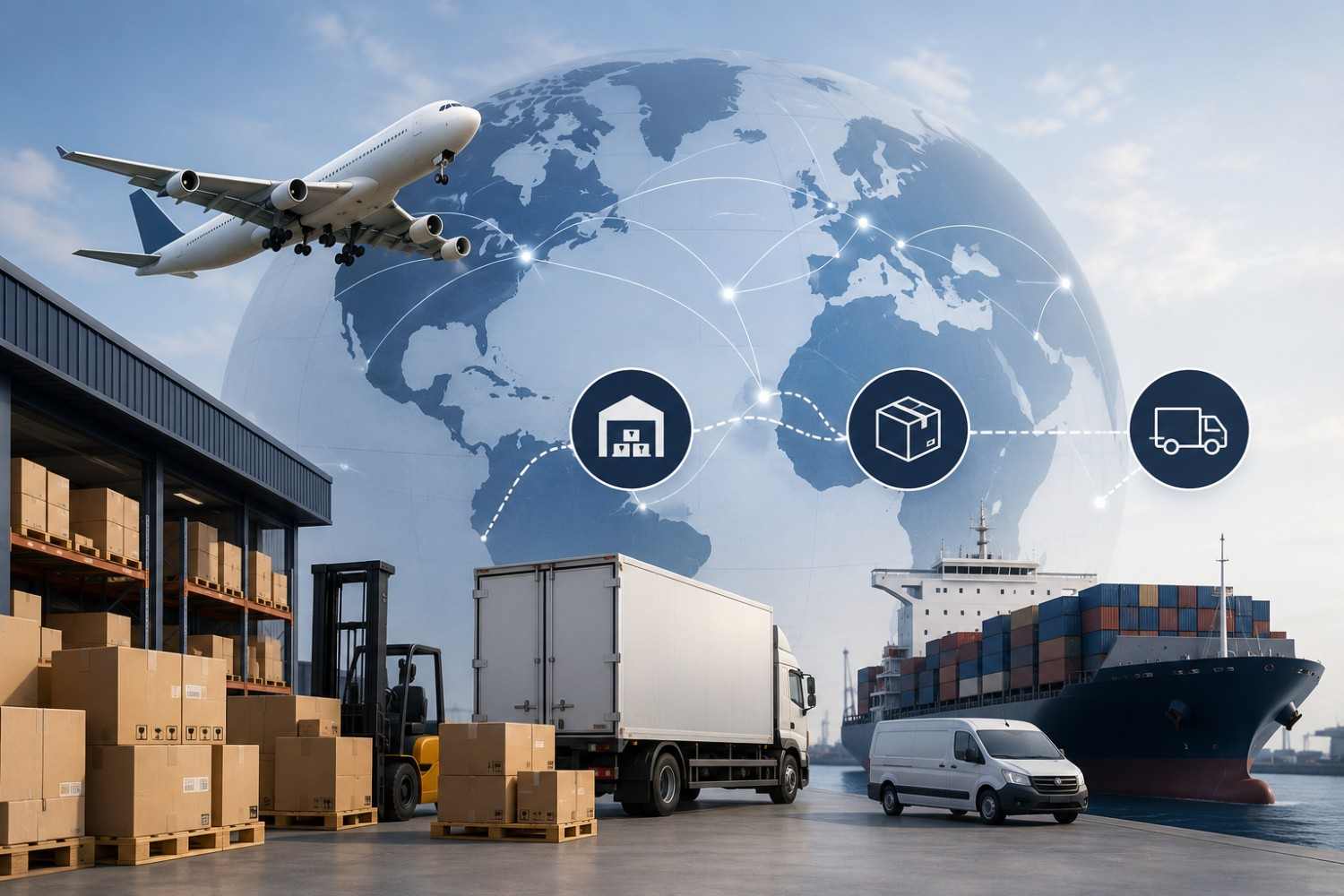 International shipping from USA: parcels staged at a US warehouse for export to 200+ countries