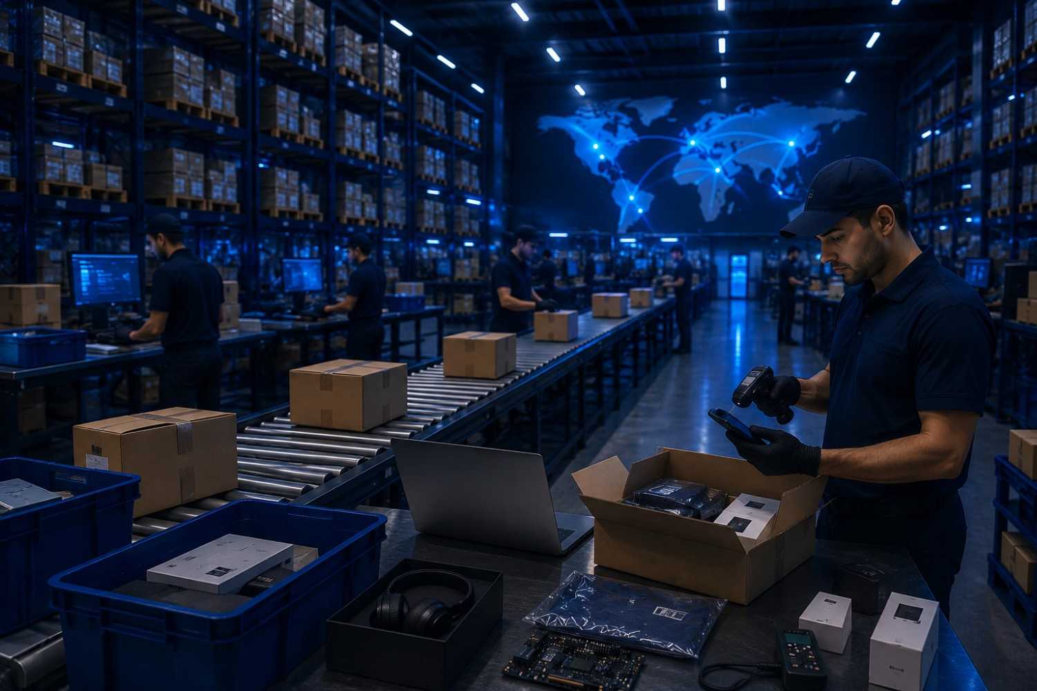 Mixed-SKU general merchandise being picked and packed at a US fulfillment warehouse