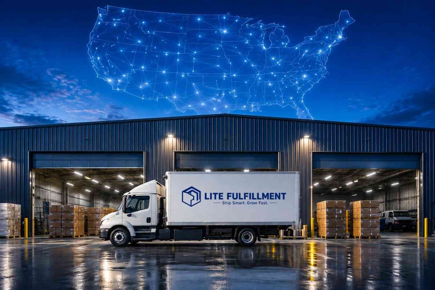 East Coast warehouse location map showing 1-2 day ground shipping zones across the US