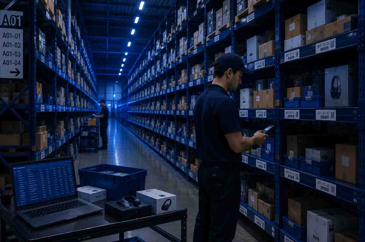 SKU-level shelving and location tracking inside a general merchandise fulfillment warehouse