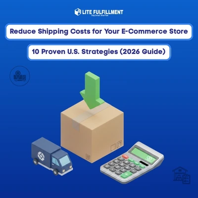 Illustration of ecommerce shipping cost reduction showing a package, delivery truck, calculator, and downward arrow symbolizing lower fulfillment expenses.